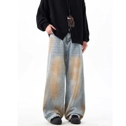 2024 High Street Washed Mens Jeans Gradient Color Blocking Hip Hop Blue Cowboy Pants Loose Straight Leg Denim Trousers Trend Street King Limited