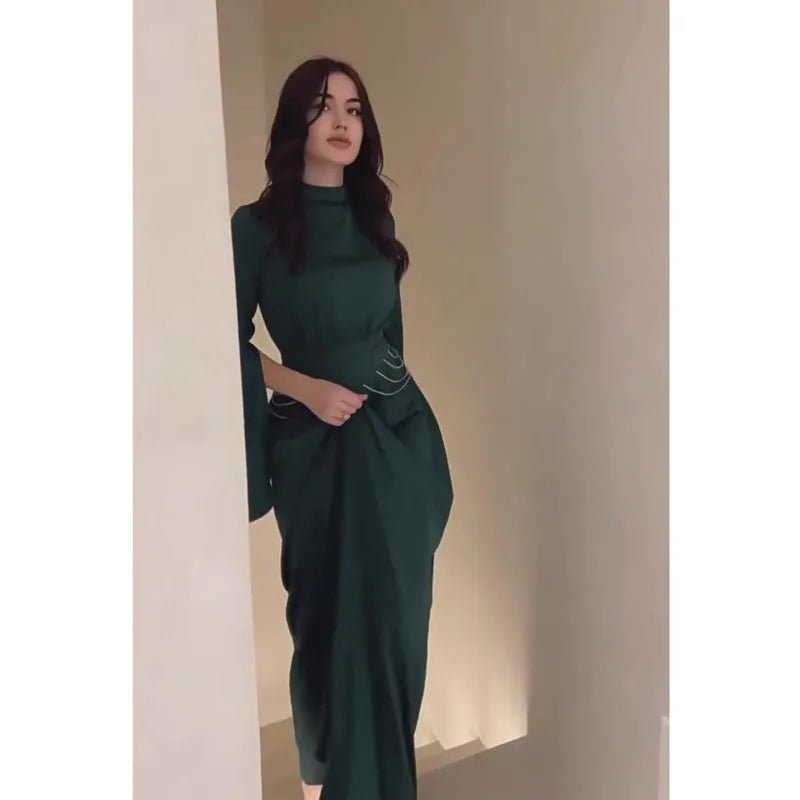 Elegant Lady Long Satin Dress Half High Collar Flare Sleeves Party Bodycon Dress Streetwear Solid Slim Evening Dresses For Women Street King Limited