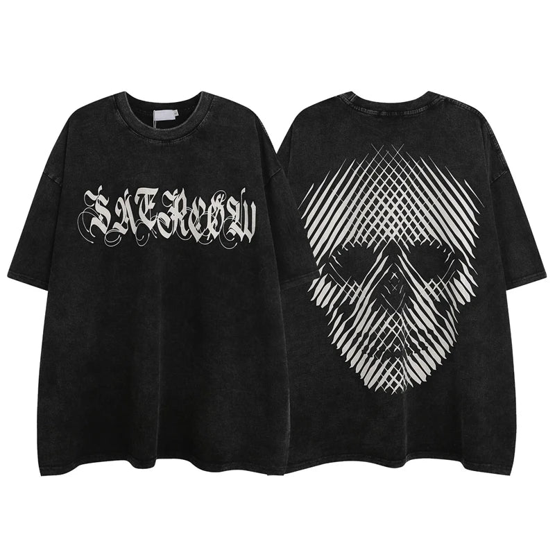 2023 Streetwear T Shirt Skull Skeleton Graphic Hip Hop Oversized T-Shirt Men Cotton Tops Tees Retro Washed Black Tshirt Hipster Street King Limited
