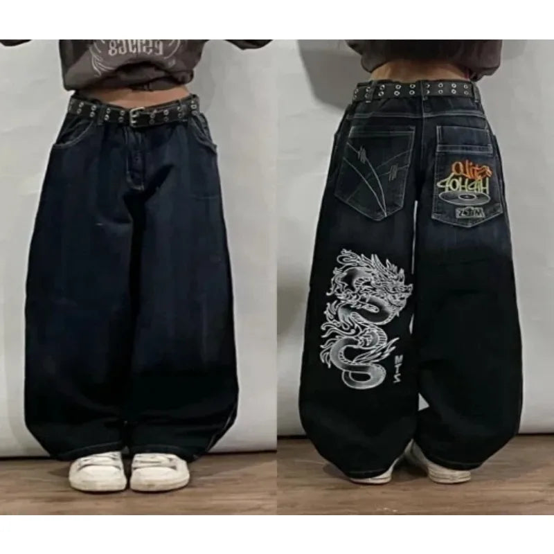 Y2K Straight Wide Leg Pants New Street Selling Fashion Loose American Hip Hop Retro Gothic Print Jeans Women Unisex Joker Jeans Street King Limited