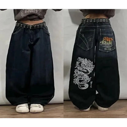 Y2K Straight Wide Leg Pants New Street Selling Fashion Loose American Hip Hop Retro Gothic Print Jeans Women Unisex Joker Jeans Street King Limited