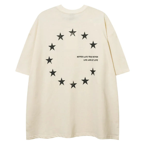 Men T Shirts Cartoon Letters Stars Printed Short Sleeve T-Shirt American Retro Street Summer Tops Preppy Style Tees Unisex Street King Limited