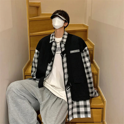 Streetwear New Fake Two Piece Zip Plaid Cargo Shirts Mens Japanese Streetwear Fas 2024 New Fake Two Piece Zip Plaid Cargo Shirts Mens Japanese Streetwear Fashion Social Shirt Autumn Long Sleeve Baggy Y2K Shirt Fashion Sweater Jacket With Graphic Design For Men