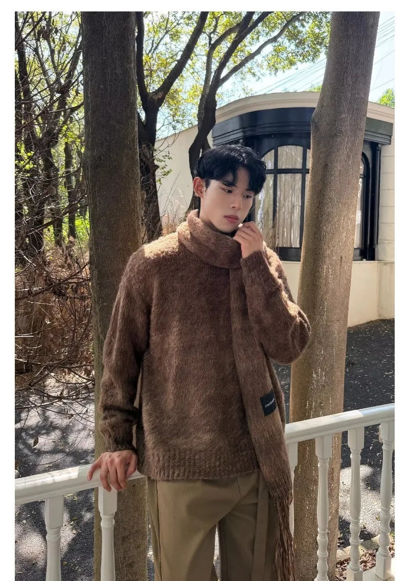 Autumn Warm Sweater Mens Korean Street Simplicity Round Neck Pullover+Solid Color Scarf Two-piece Set Casual Knitted Tops Trend Street King Limited