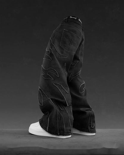 vintage y2k hip hop punk raw edge embroidery jeans black baggy jeans for men pattern patchwork high waisted denim pants unique jeans style 3920