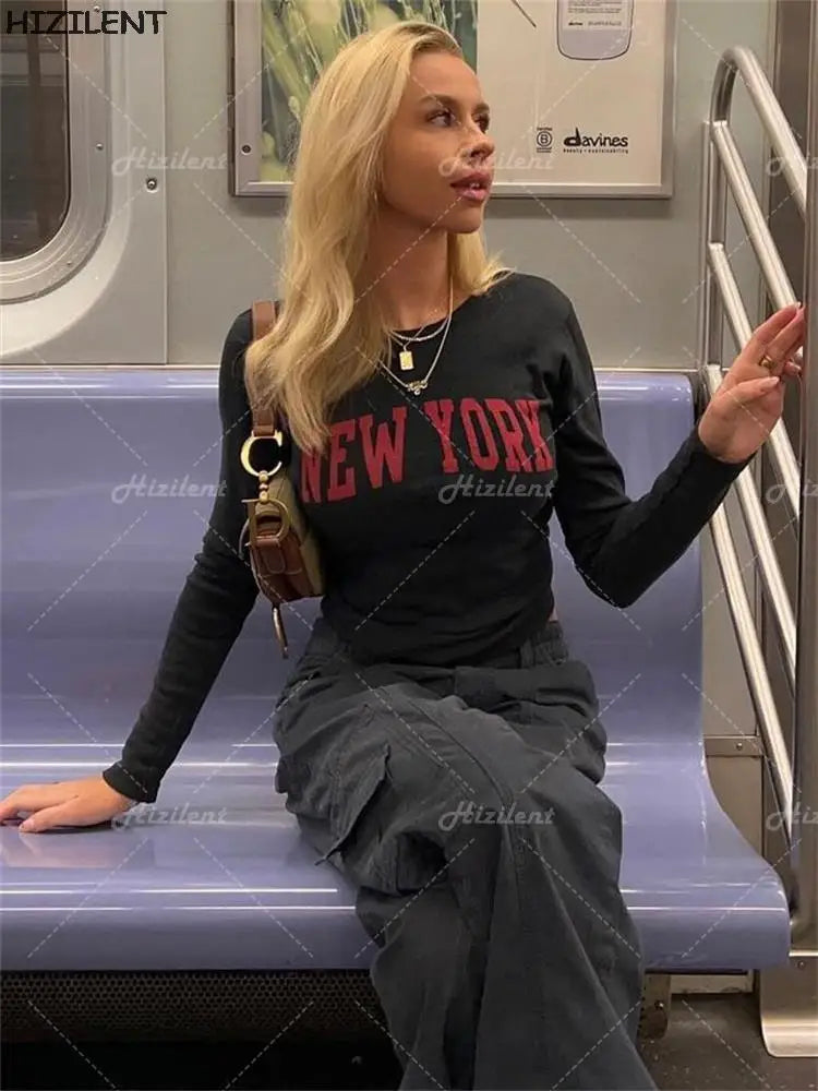 Long Sleeve Shirt Women Sexy Cropped letter graphics Tops 2022 Spring Black Goth grunge Skinny Slim Basic Top Woman T Shirts EMO Street King Limited