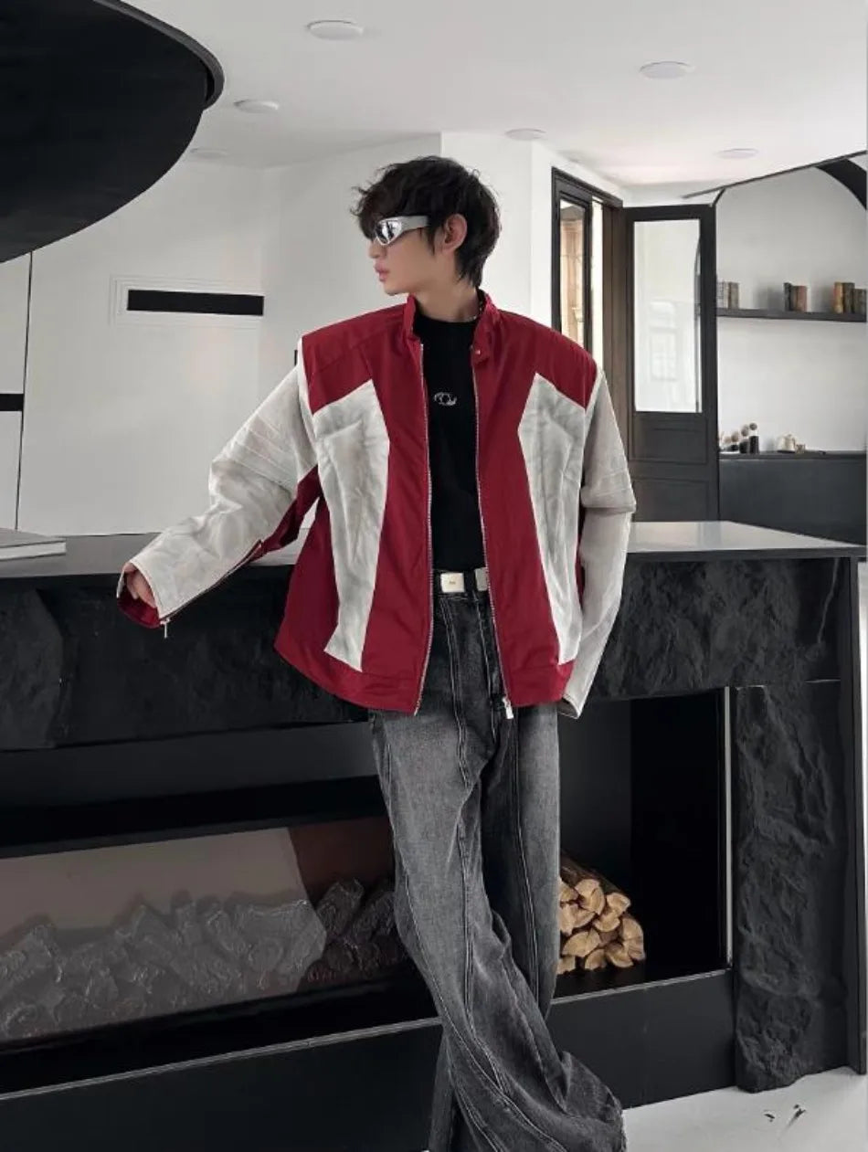 street american color block mens jacket 2024 new autumn zipper patchwork shoulder pads racing coats motorcycle windbreaker unique default style 3242