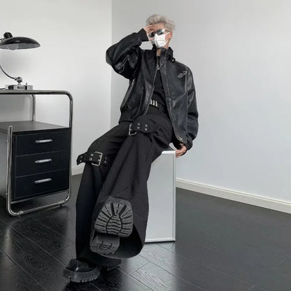 punk leather jacket mens spring standing collar trendy high street coats y2k streetwear hip hop motorcycle outwear 2024 new unique default style 2246