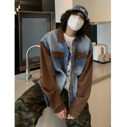 mens patchwork denim jacket spring trend korean retro college lapel color blocked couple coats 2024 high street cowboy cardigan unique jeans style 3372