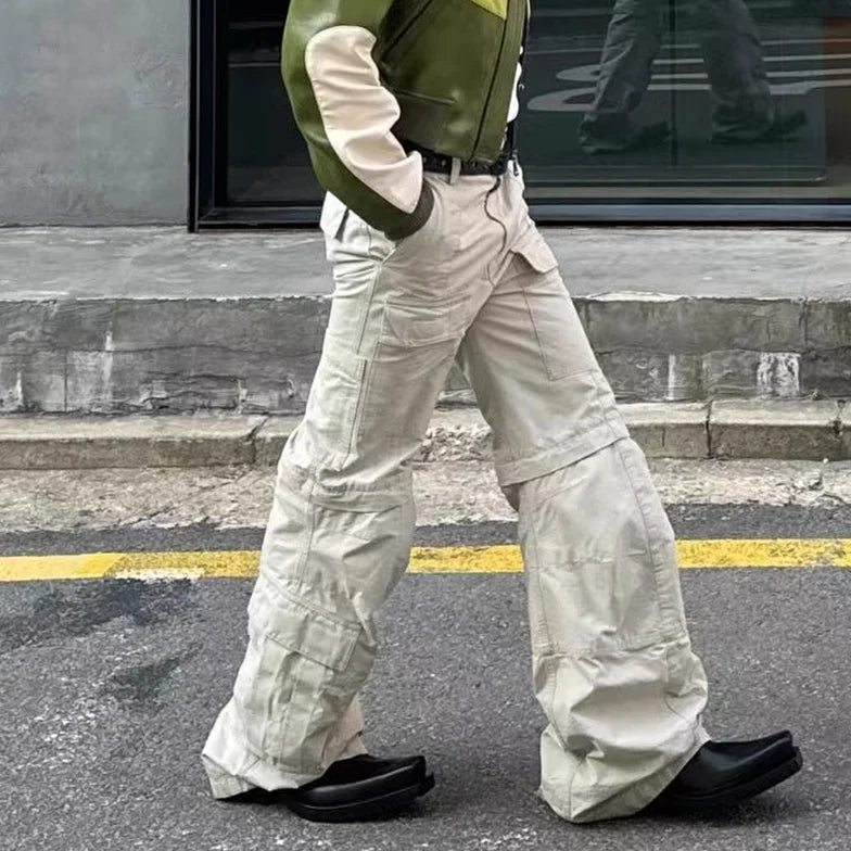 y2k high street flared cargo multi pocket detachable workwear pants for men and women solid ropa hombre overalls oversized unique cargo style 344