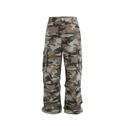 streetwear side pockets camouflage baggy cargo pants men and women straight patchwork casual jeans loose oversize denim trousers baggy cargo bottoms