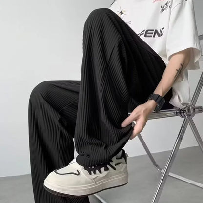 summer texture straight pants for men korean fashion baggy wide leg trousers casual drape pleated striped y2k pantalones hombre minimalist street pants