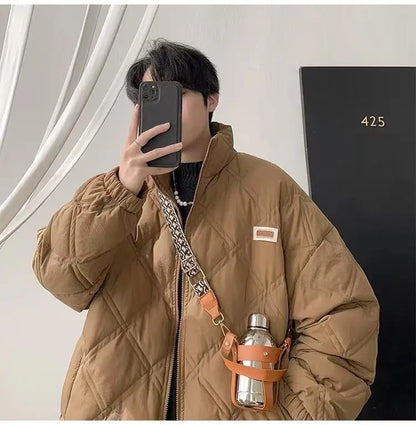 Winter personalized diamond grid cotton coat for men loose stand up collar trend for couples American loose retro casual top y2k Street King Limited