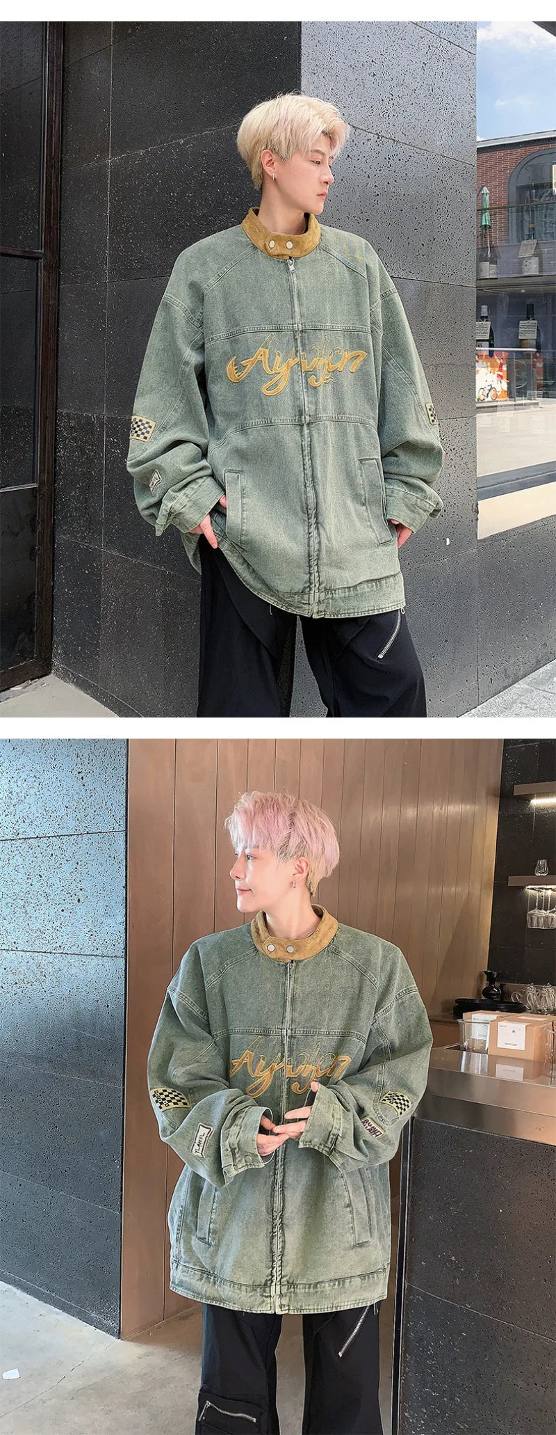 motorcycle hip hop mens cowboy jackets autumn 2024 embroidered washed trend denim coats stand collar color blocking outwear unique jeans style 2768
