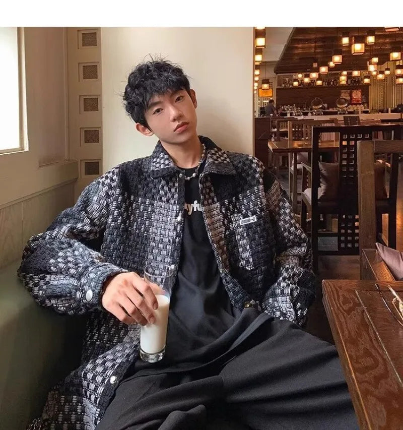 high street lattice mens jackets woven fabric single breasted loose harajuku shirt coats letter embroidered casual male tops unique default style 1815