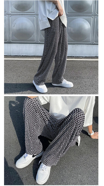 Summer Pleated Pants Men Fashion Casual Plaid Pants Men Streetwear Korean Loose Straight Ice Silk Pants Mens Plus Size Trousers Street King Limited