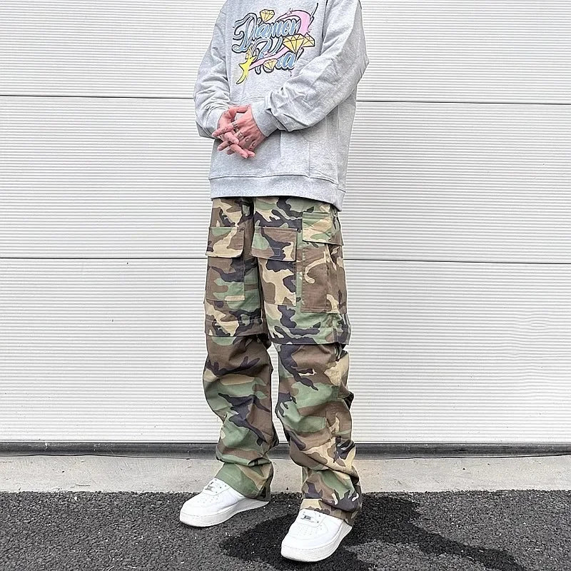 y2k knee detachable multi pockets camouflage cargo pants mens streetwear patchwork baggy overall ropa hombre oversized trousers baggy cargo bottoms