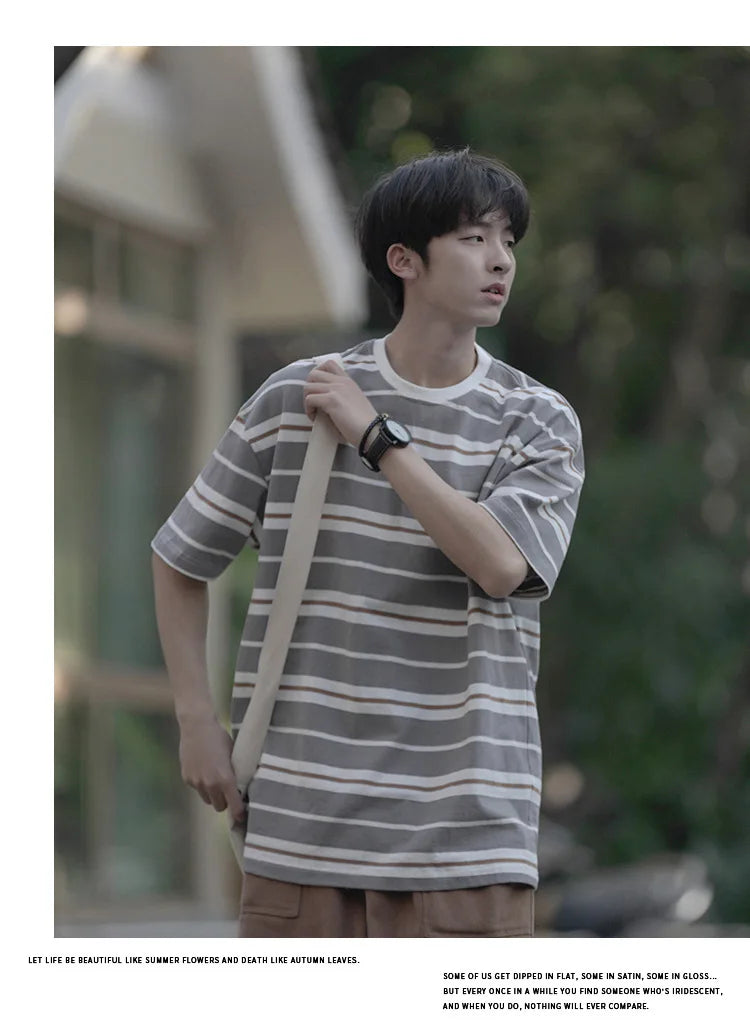 Japanese Striped Short-Sleeved Men's Summer Loose Three-Quarter Sleeve T-Shirt Trendy Casual Versatile Student Couple T-Shirt Street King Limited
