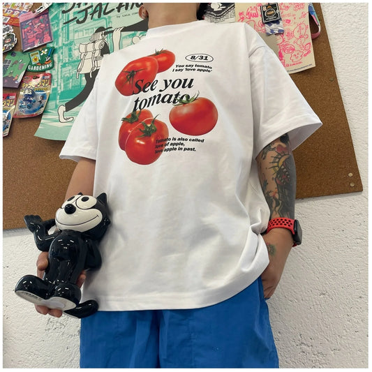 Tomato print pure cotton short-sleeved T-shirt, fun and cute men and women niche fashion brand Korean style college style top Street King Limited