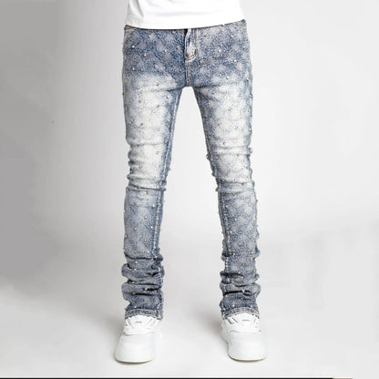 Stretchy Personality Stacked Denim Pants 2024 New Fashion Pearls Fashion Rhinestone European Street Skinny Jeans For Men Street King Limited