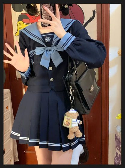 Student Union JK Uniform Sailor Suit Blue Skirt Long Sleeve Navy Collar Bow Tie Two Colors Two-piece Set Vitality Kawaii Street King Limited