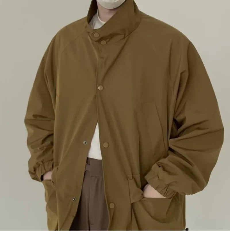 japanese spring jacket mens single breasted stand collar harajuku unisex coats solid big pocket drawstring casual men outwear unique default style 1872
