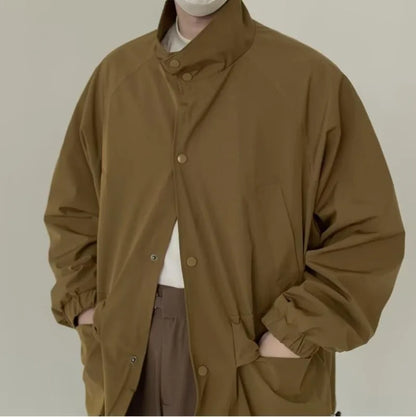 japanese spring jacket mens single breasted stand collar harajuku unisex coats solid big pocket drawstring casual men outwear unique default style 1872
