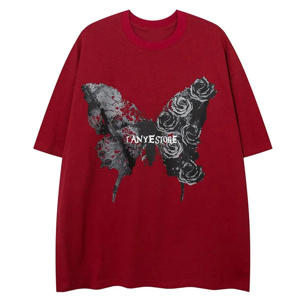 Men T Shirts Rose Butterfly Printed T-shirt America Retro Loose Round Neck Tees Harajuku Street Fashion Couple Tops Black Red Street King Limited