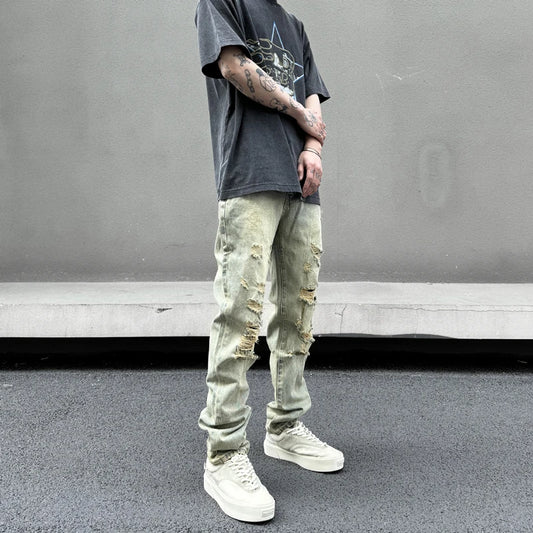 retro washed skinny jeans men pant destroyed ripped holes slim biker zipper jeans trousers fashion streetwear hip hop joggers streetwear sweatpants