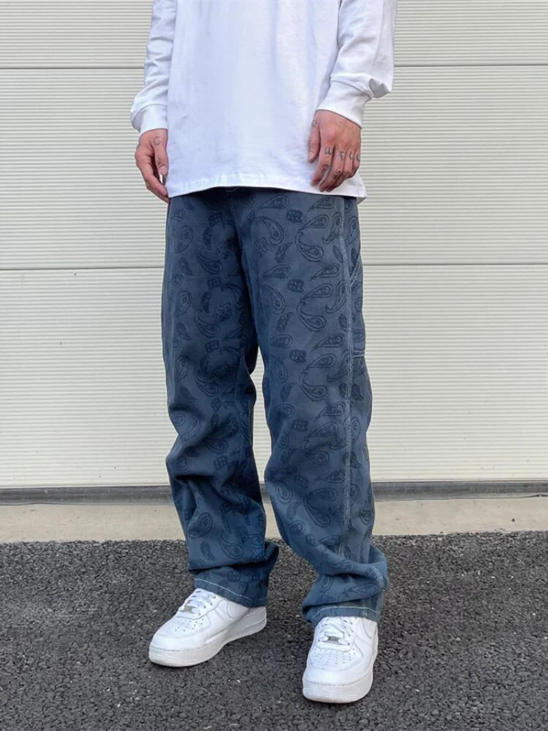 hip hop straight denim jeans pants fashion zipper paisley jeans streetwear mens new casual loose trousers jean pants joggers urban active pants