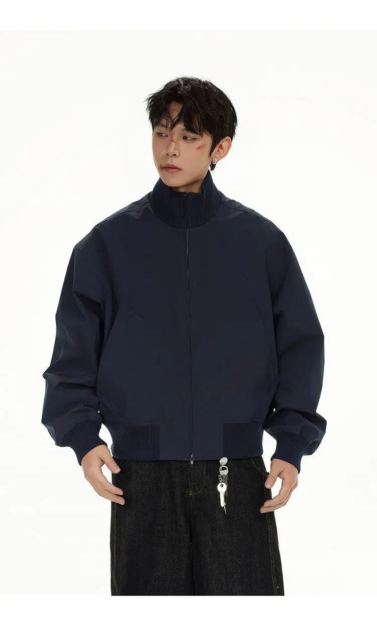 short design stand collar bomber jacket men korean streetwear fashion loose casual vintage bomber jacket coat cityboy outerwear unique shorts style 528