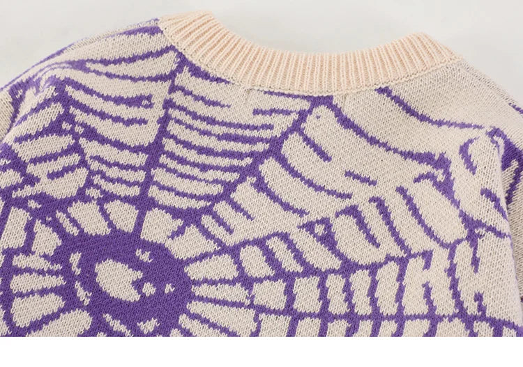 2023 Men Streetwear Sweater Hipster Spider Web Graphic Hip Hop Knitted Sweater Casual Loose Pullover Sweater Black Purple Street King Limited