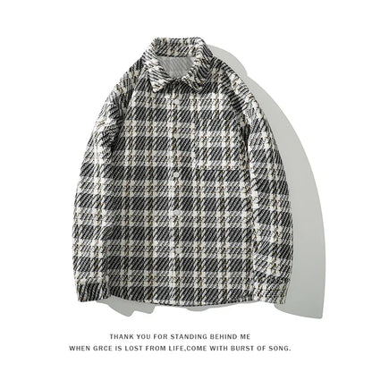 checked pattern cargo jacket coat korean style trendy breasted blouses 2024 spring male long sleeved jackets baggy cargo bottoms