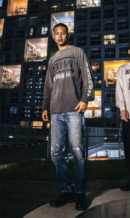 Summer Retro Vintage SIN Print High-Street Distressed Worn Cotton Casual Loose Long Sleeve T-Shirt Pullover Street King Limited