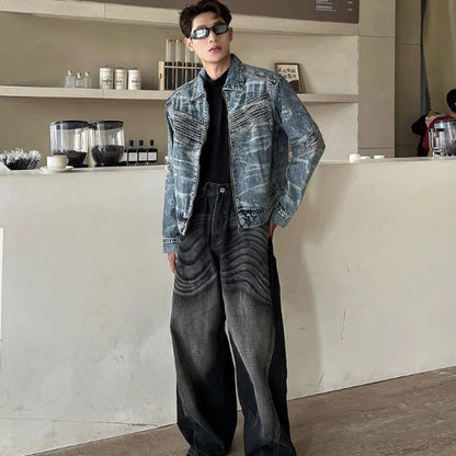 vintage washed mens denim jacket heavy weight high street contour pleat design cowboy coats short motorcycle hip hop outwear unique jeans style 3690