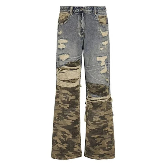Trendy Camo Cowboy Cargo Pants Mens Spring Autumn Elasticity Fashion Harajuku Patchwork Straight Jeans New Washed Denim Trousers Street King Limited