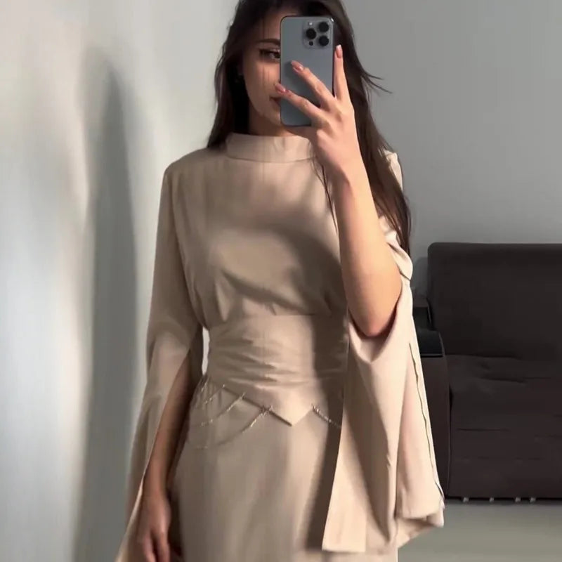 Elegant Lady Long Satin Dress Half High Collar Flare Sleeves Party Bodycon Dress Streetwear Solid Slim Evening Dresses For Women Street King Limited