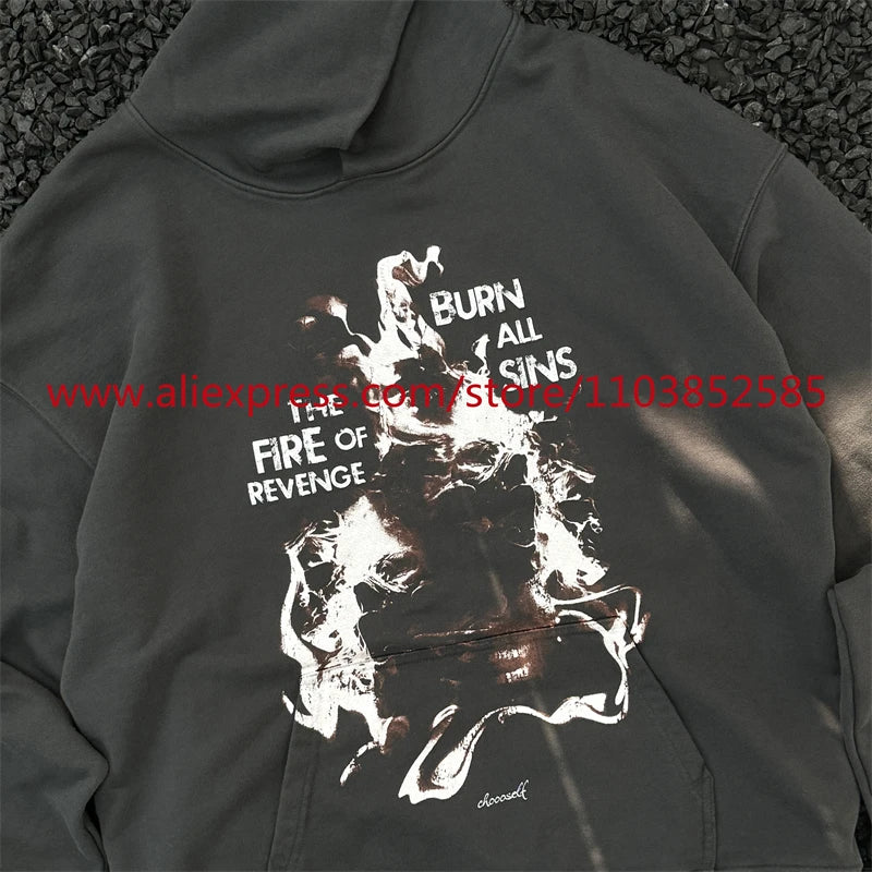 Autumn New 2024 Vintage American Long sleeved Hoodie Men's Heavyweight Flame Print High Street Tops Oversize Trendy Fashion Street King Limited
