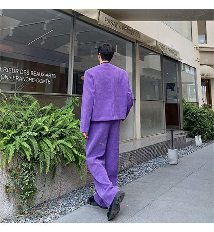 men 2 pieces sets corduroy short jacket wide leg pant suits korean streetwear fashion loose casual retro coat baggy trousers unique shorts style 2691