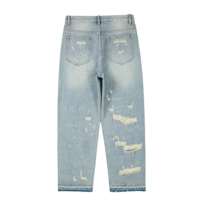 washed blue oversized torn jeans for men streetwear hip hop large destroyed wide leg jeans baggy straight ripped denim pants denim street jeans