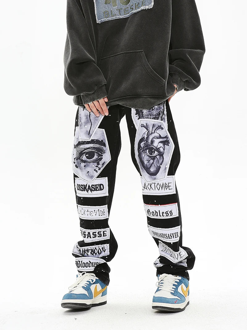 fashion skull graffiti patchwork denim jeans mens zipper jeans hip hop streetwear casual harajuku straight joggers jeans pants unique joggers style 5473