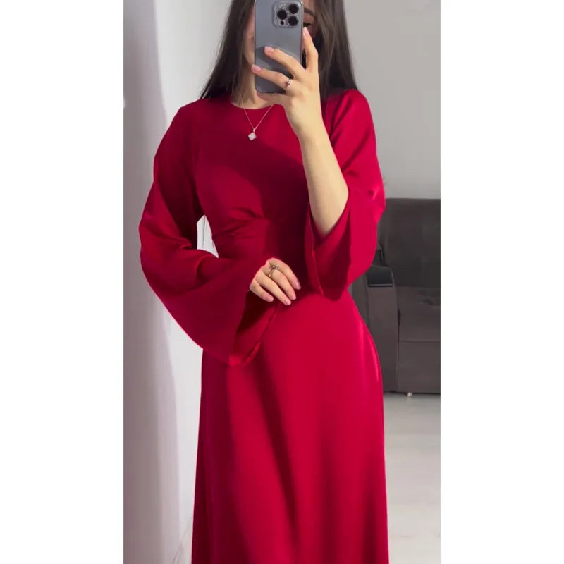 2024 Women Satin Long Dresses Sexy Lace Up Slim Evening Dresses Simple Round Neck Flare Sleeve Birthday Party Dresses For Women Street King Limited