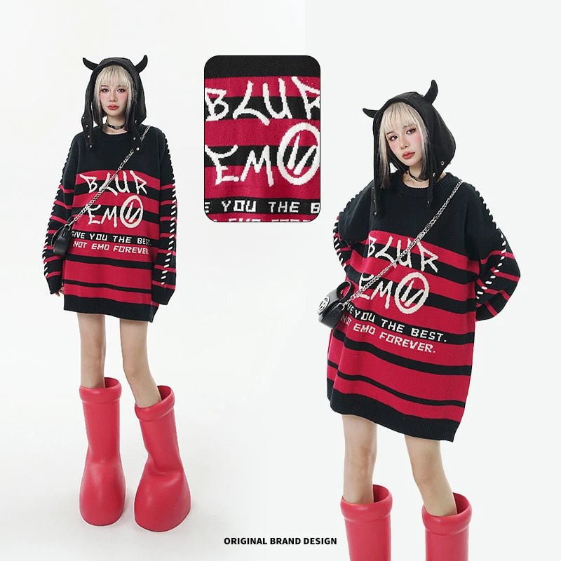 Men Striped Sweater Letter Graphic Loose Knitwear Jumper Pullover Sweaters Harajuku Hip Hop Streetwear Knitted Sweater Street King Limited