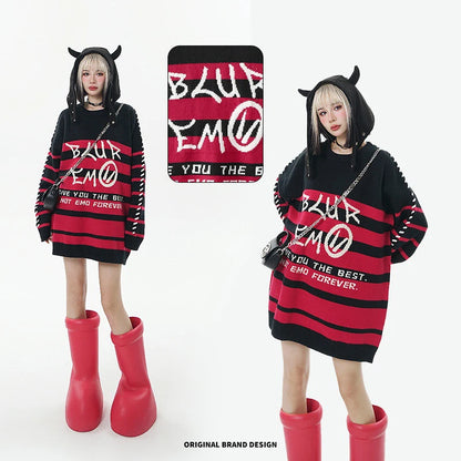 Men Striped Sweater Letter Graphic Loose Knitwear Jumper Pullover Sweaters Harajuku Hip Hop Streetwear Knitted Sweater Street King Limited