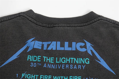 Summer Vintage High Street Wash Lightning Print T-shirt Vintage Heavy Metal Rock Band Short Sleeve Japanese Street Pure Cotton Street King Limited