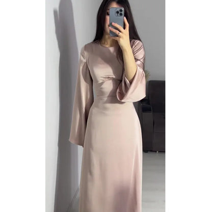 2024 Women Satin Long Dresses Sexy Lace Up Slim Evening Dresses Simple Round Neck Flare Sleeve Birthday Party Dresses For Women Street King Limited