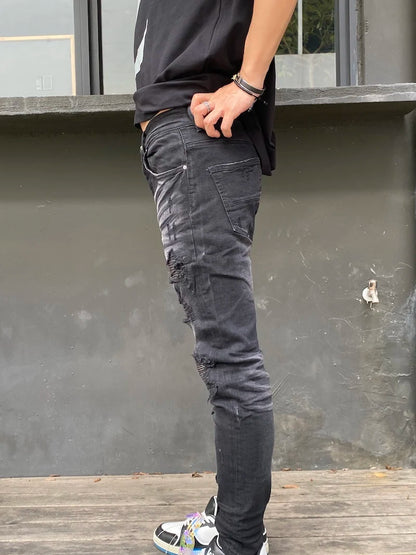 knee hole patckwork skinny denim jeans men slim biker trousers jeans fashion streetwear hip hop retro washed jean pants joggers streetwear sweatpants