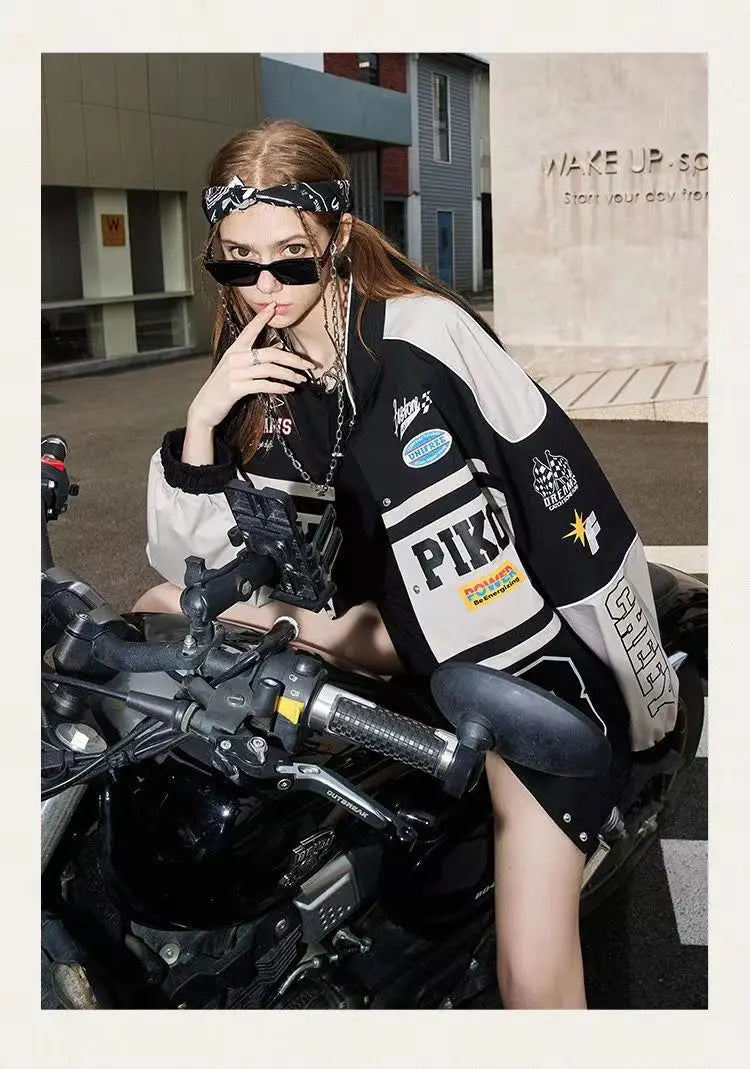 Spring and Autumn American letter printed motorcycle baseball jacket street style racing couple style goth  denim jacket women Street King Limited