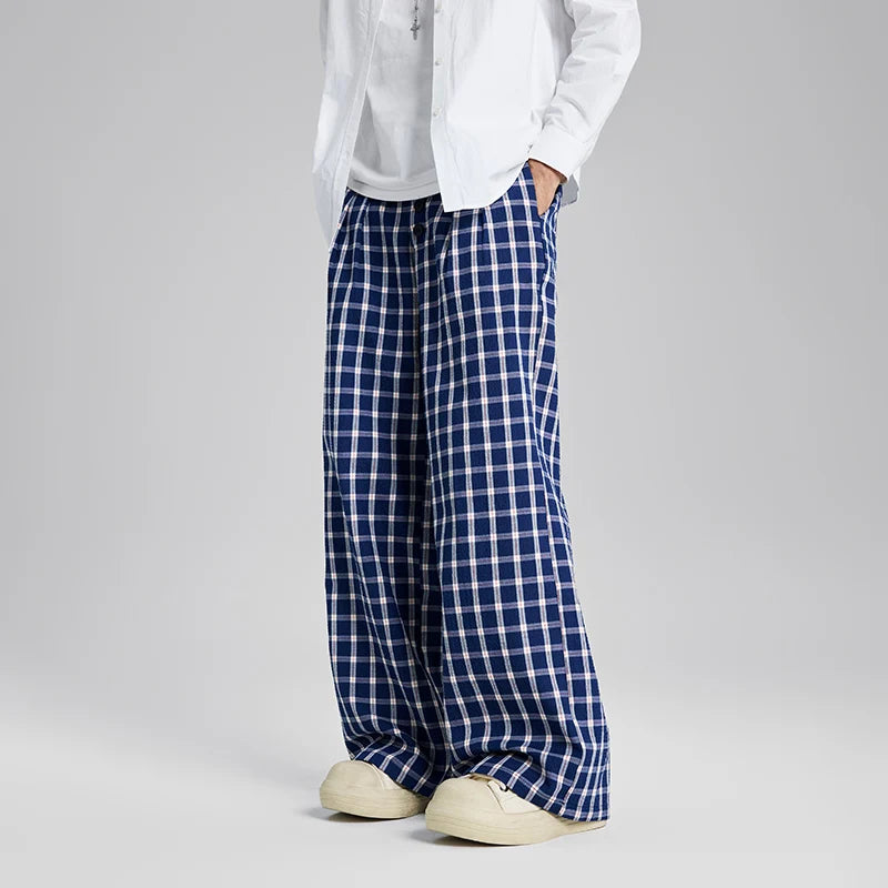 men women american streetwear fashion loose plaid wide leg straight pant boyfriend button down sports casual pants trousers clean everyday pants