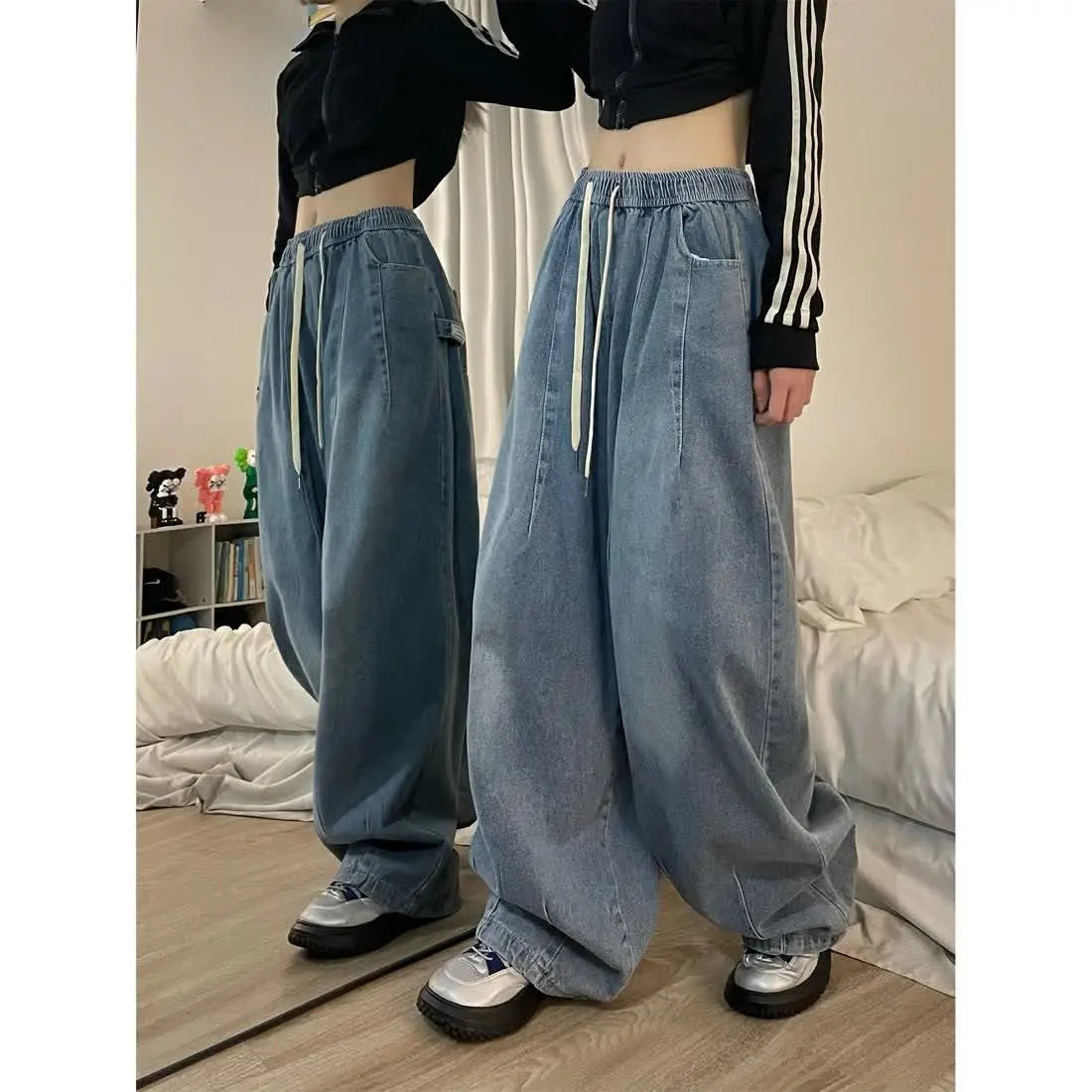 american retro trend personalized elastic band straight leg jeans for men and women loose and wide leg floor length casual pants unique jeans style 4543